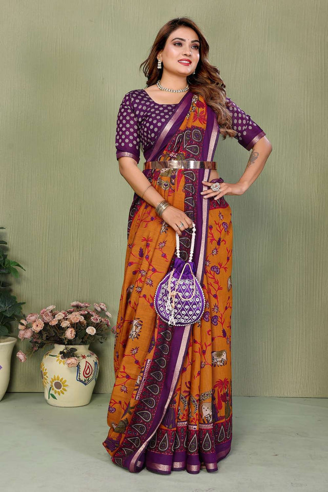 Mustard Kalamkari Printed Cotton Saree