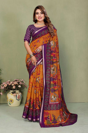 Mustard Kalamkari Printed Cotton Saree