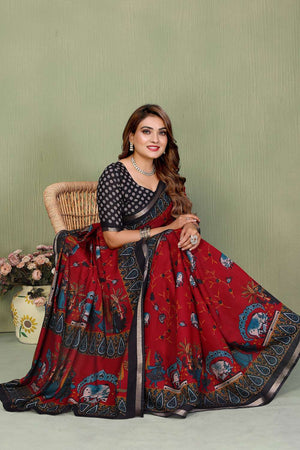 Maroon Kalamkari Printed Cotton Saree