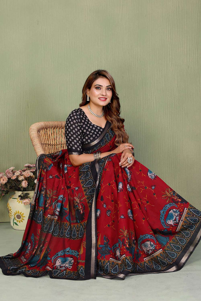 Maroon Kalamkari Printed Cotton Saree