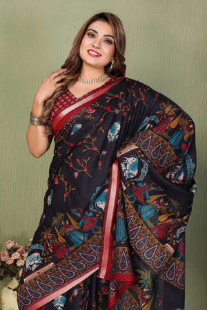 Black Kalamkari Printed Cotton Saree