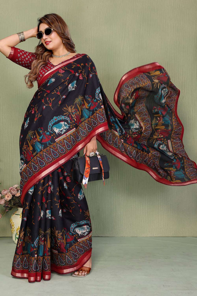 Black Kalamkari Printed Cotton Saree