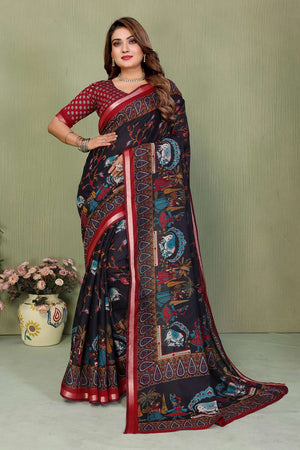 Black Kalamkari Printed Cotton Saree