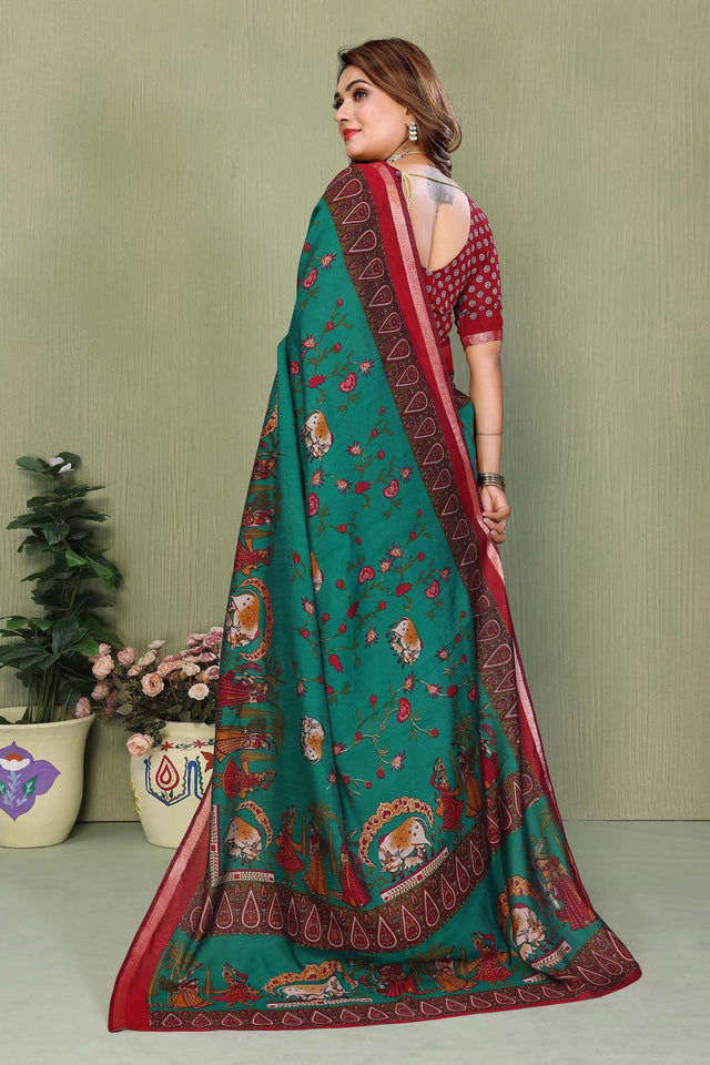 Turquoise Kalamkari Printed Cotton Saree
