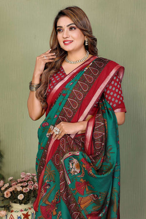 Turquoise Kalamkari Printed Cotton Saree