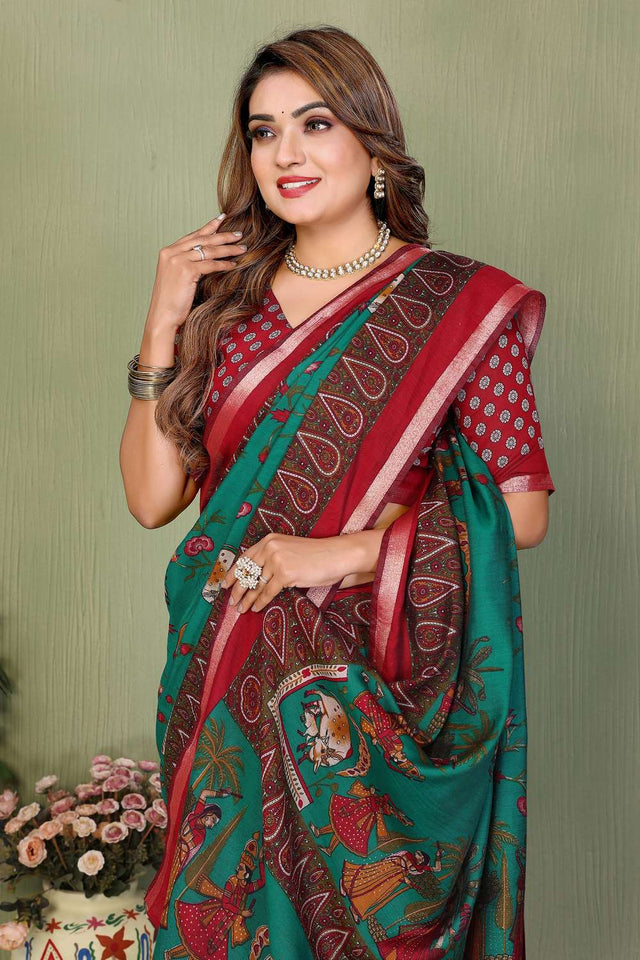 Turquoise Kalamkari Printed Cotton Saree