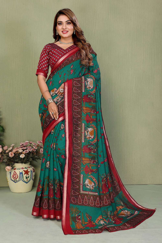 Turquoise Kalamkari Printed Cotton Saree