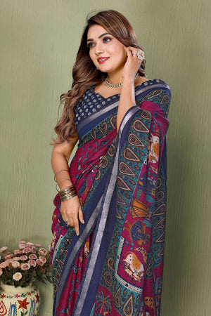 Maroon Kalamkari Printed Cotton Saree