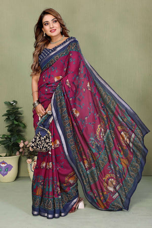 Maroon Kalamkari Printed Cotton Saree