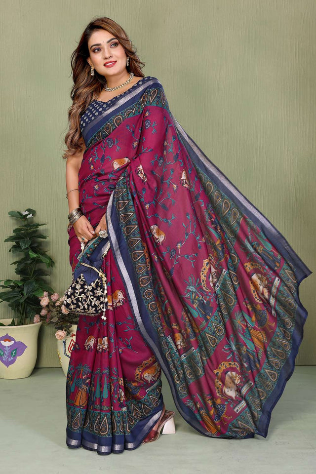 Maroon Kalamkari Printed Cotton Saree