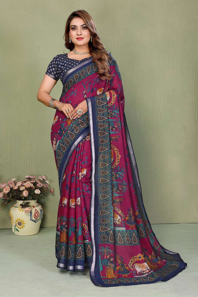 Maroon Kalamkari Printed Cotton Saree