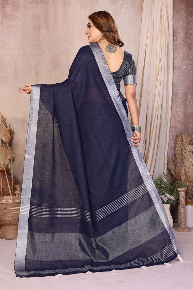 Blue Woven Linen Saree