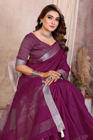 Wine Woven Linen Saree