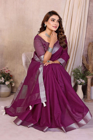 Wine Woven Linen Saree