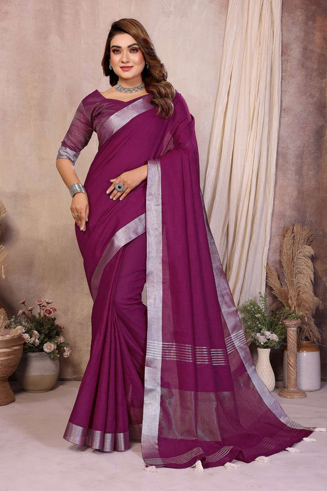 Wine Woven Linen Saree