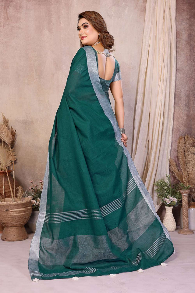 Turquoise Woven Linen Saree