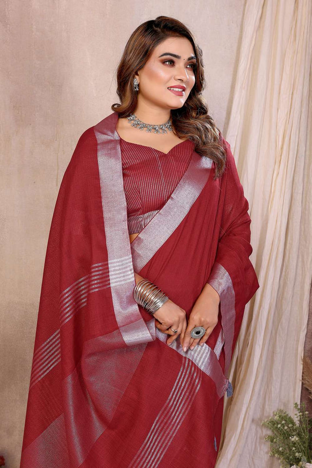 Maroon Woven Linen Saree