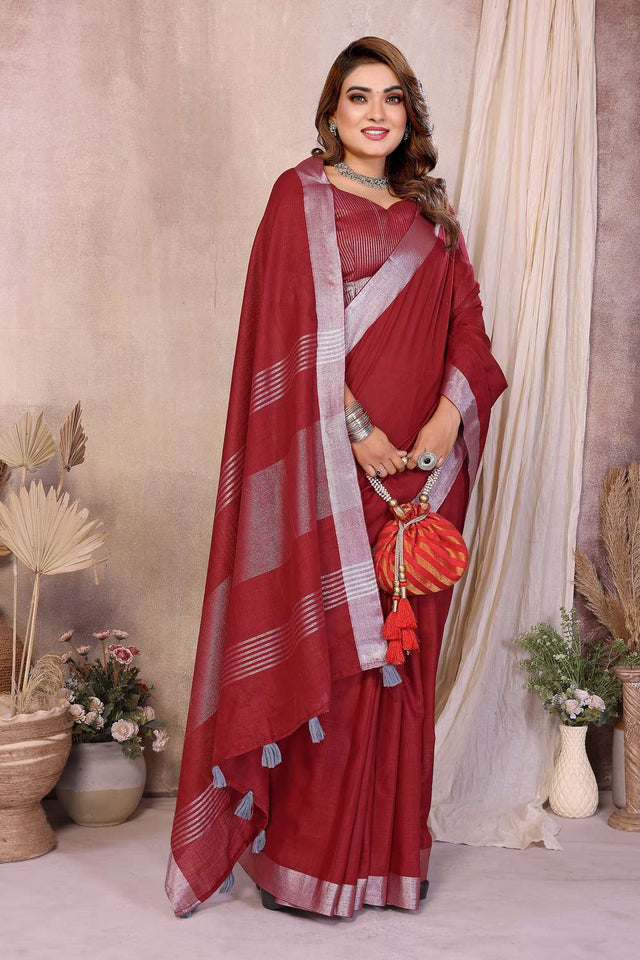 Maroon Woven Linen Saree