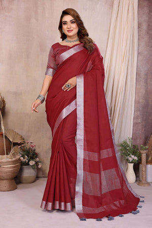 Maroon Woven Linen Saree