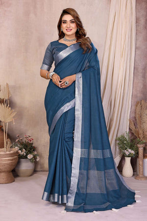 Turquoise Woven Linen Saree
