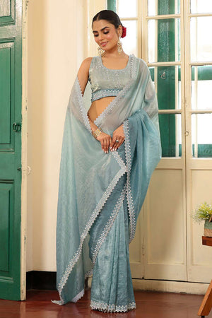 Blue Sequin Chiffon Saree