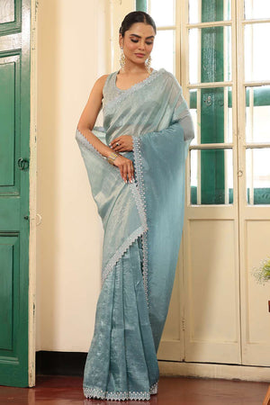 Blue Sequin Chiffon Saree