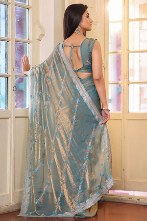 Turquoise Embroidered Tissue Saree
