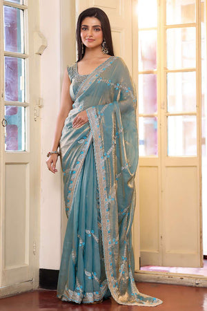 Turquoise Embroidered Tissue Saree