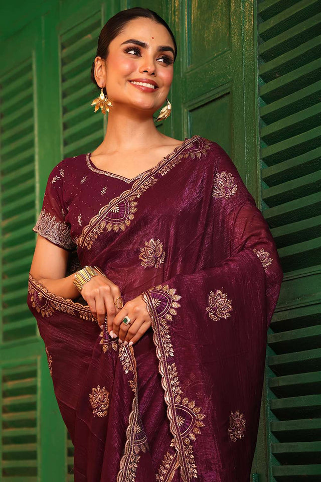 Brown Embroidered Chiffon Saree