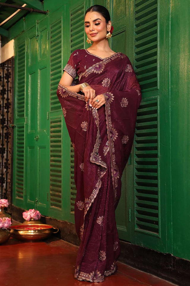Brown Embroidered Chiffon Saree