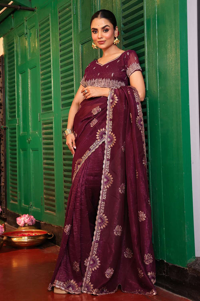 Brown Embroidered Chiffon Saree