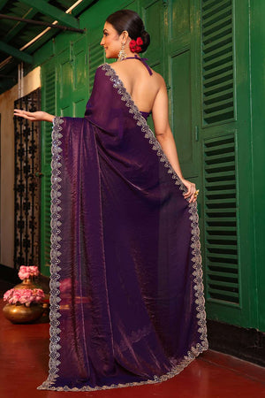 Violet Embroidered Tissue Saree
