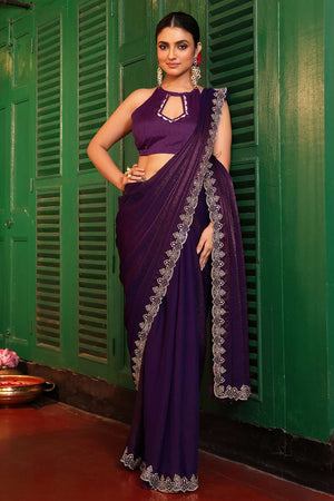 Violet Embroidered Tissue Saree