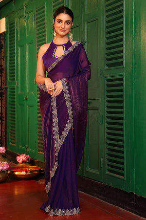 Violet Embroidered Tissue Saree