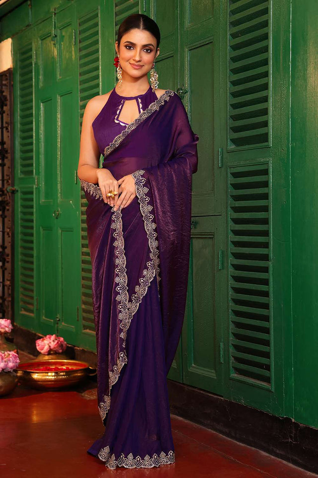 Violet Embroidered Tissue Saree