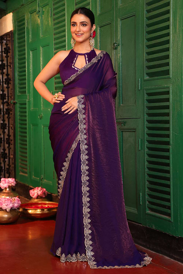 Violet Embroidered Tissue Saree