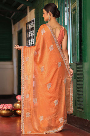 Orange Embroidered Tissue Saree