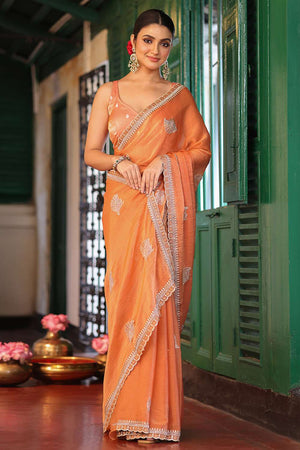 Orange Embroidered Tissue Saree