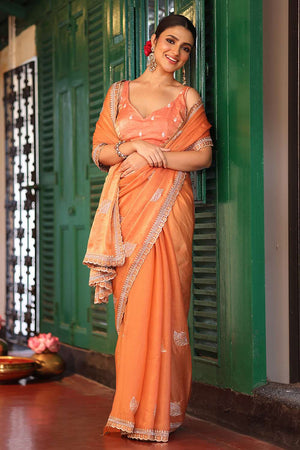 Orange Embroidered Tissue Saree
