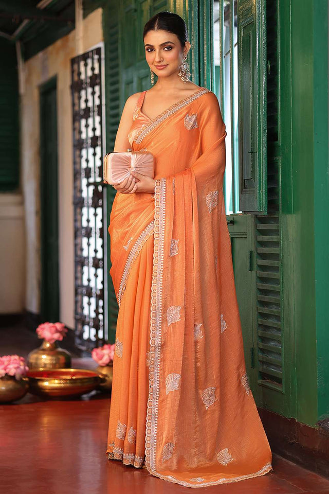 Orange Embroidered Tissue Saree