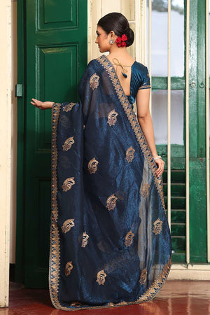 Blue Embroidered Chiffon Saree