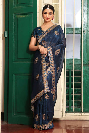 Blue Embroidered Chiffon Saree
