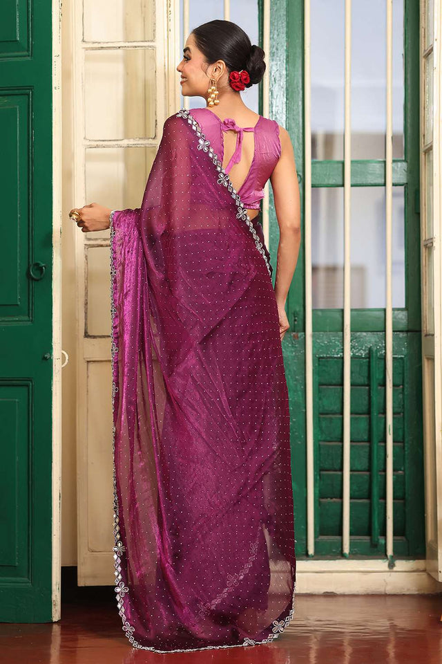 Maroon Sequin Organza Saree