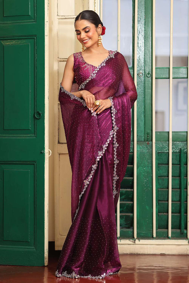 Maroon Sequin Organza Saree