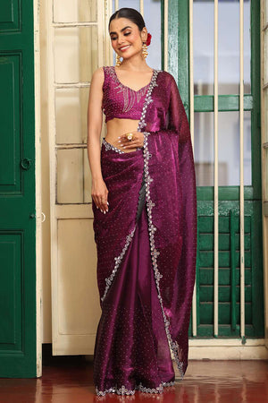 Maroon Sequin Organza Saree
