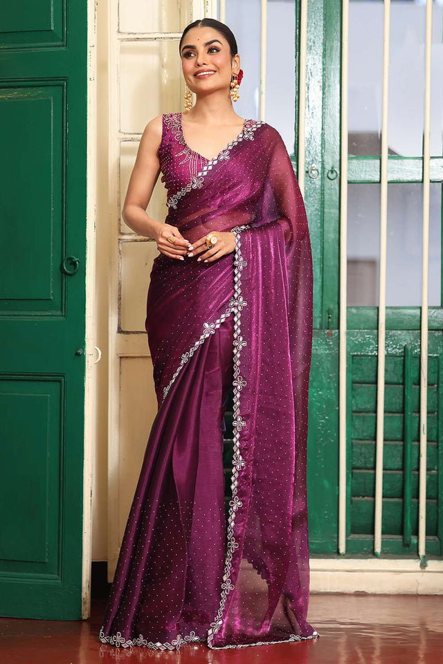Maroon Sequin Organza Saree