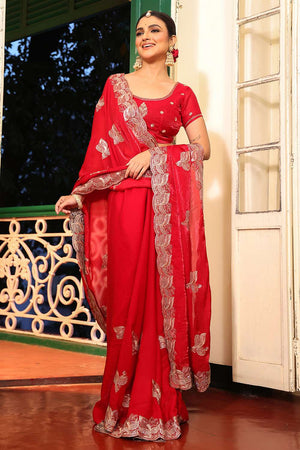 Red Embroidered Tissue Saree