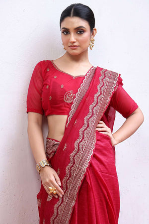 Pink Embroidered Chiffon Saree