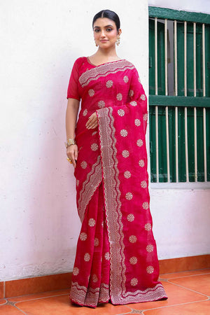 Pink Embroidered Chiffon Saree