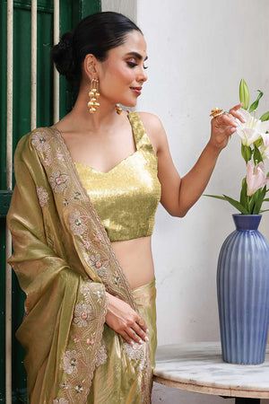 Green Embroidered Tissue Saree